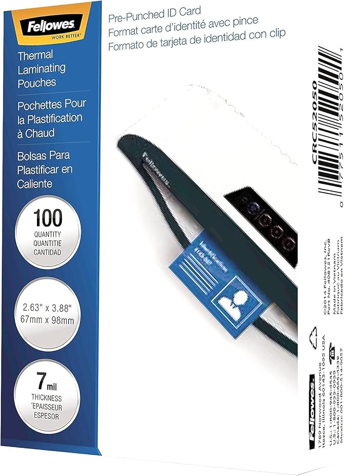 Fellowes 52050, Glossy Pouches - ID Tag Punched, 7 mil, 100 Pack
