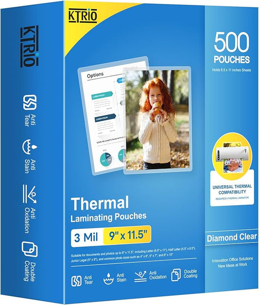 KTRIO 500 Pack Laminating Sheets, Hold 8.5 x 11 Inches, 3 Mil Thermal Laminating Pouches, 9 x 11.5 Laminate Sheets for Laminator, Clear Lamination Sheet Paper, Letter Size, Office School Home Supplies