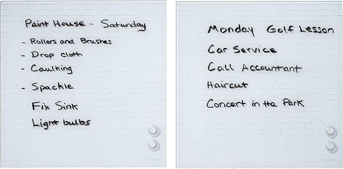 ECR4Kids MessageStor Magnetic Dry-Erase Glass Board with Magnets, 17.5in x 17.5in, Wall-Mounted Whiteboard, White Brick, 2-Pack
