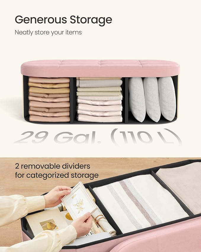 SONGMICS Mazie Collection - Folding Ottoman with Storage, Oval Storage Ottoman Bench, for Living Room, Bedroom, Velvet Fabric, 15 x 43 x 15 Inches, Jelly Pink ULSF297SA01