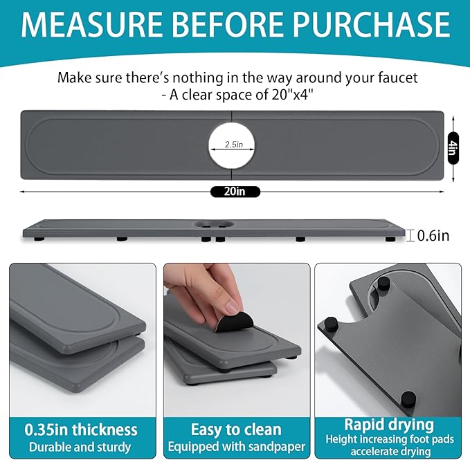 Faucet Mat for Kitchen Sink with Raised Feet, Fast Drying Diatomite Stone Sink Tray, Water Absorbent Faucet & Sink Splash Guard, Prevents Moisture Buildup, Durable Protector for Bathroom Counter