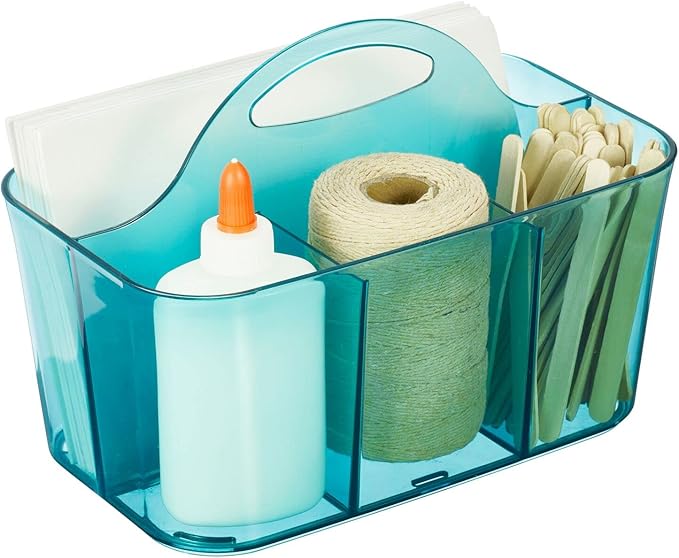 mDesign Plastic Portable Craft Storage Organizer Caddy Tote, Divided Basket Bin w/Handle - Craft, Sewing, Art Supplies - Holds Brushes, Colored Pencils - Lumiere Collection - Dark Aqua Blue Tint