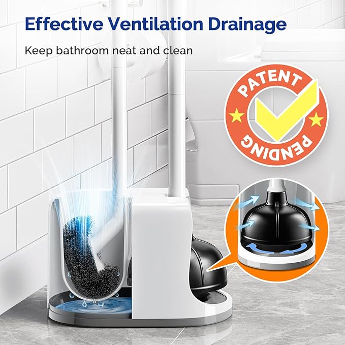 HAMITOR Toilet Plunger Bowl Brush Combo：Heavy Duty Rubber for Drain Clog Remover - Curved Design Bristles for Deep Cleaning Under Rim - Compact Bathroom Cleaning Tools for New Homet Essentials - White