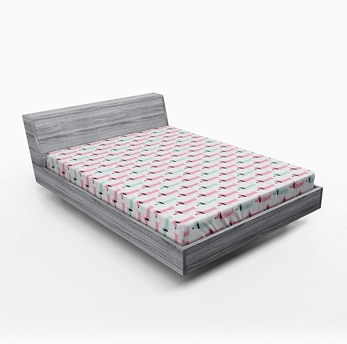 Ambesonne Dachshund Fitted Sheet, Pattern with Funny Cartoon Sausage Dogs, Bed Cover with All-Round Elastic Deep Pocket for Comfort, Queen Size, Seafoam Pink