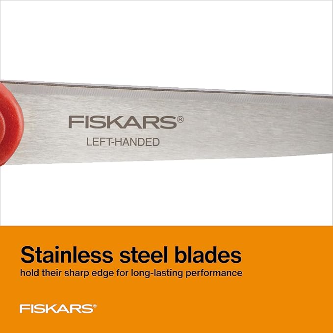 Fiskars Left-Handed Scissors, Precision Cutting for Craft Fabric Paper, Ergonomic Comfort Grip, Stainless Steel, 8", Red