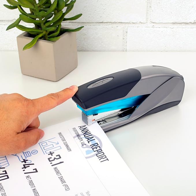 Swingline Stapler, 25 Sheet Capacity, Optima 25, Jam Free, Reduced Effort, Soft Grip, Blue and Gray (66404)