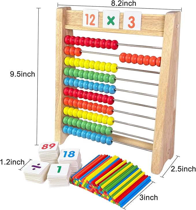 Wooden Abacus for Kids Math - 10 Row Bead Counting Frame with Counting Sticks & Number Alphabet Cards, Learn Counting, Educational Gift for Toddlers, Preschoolers - Ideal for Home, School & Daycare