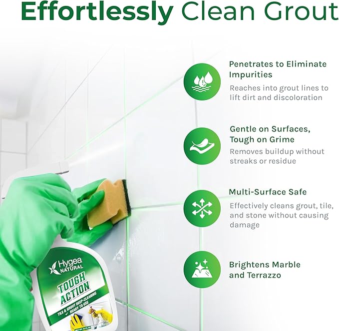 Hygea Natural Tough Action Tile & Grout Cleaner - Deep Cleans Dirt & Scum, Conditions & Enhances Stone Color - Acid-Free & Residue-Free Biodegradable Formula (Ready to Use 24 oz)