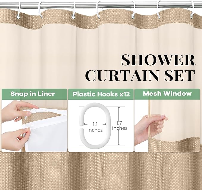 Dynamene Extra Long Shower Curtain, 84 Inch Long Waffle Fabric Shower Curtain for Bathroom, Tall Waterproof Cloth Shower Curtain Liner Set with Hook, Snap in Liner, Mesh Top Window, Beige, 72x84