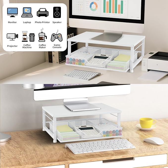 Small Laptop Stand for Desk, Monitor Stand Riser, Office Desk Accessories, Computer Desktop Stand with Drawer for Home, Office, School (White)