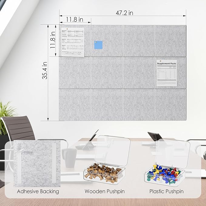MaxGear Large Cork Board for Wall 48" x 36" Light Gray Bulletin Board, 12 Pack Felt Wall Tiles with Pushpins, Cork Boards for Office Pin Board Tack Board for Photo Meno Decor