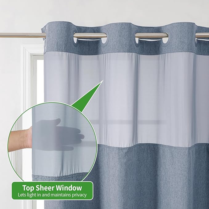 Stall No Hooks Needed Linen Textured Shower Curtain with Snap-in Fabric Liner Set,Hotel Luxury Decor Shower Curtains for Bathroom,Waterproof & Washable,60Wx74H,Blue Grey