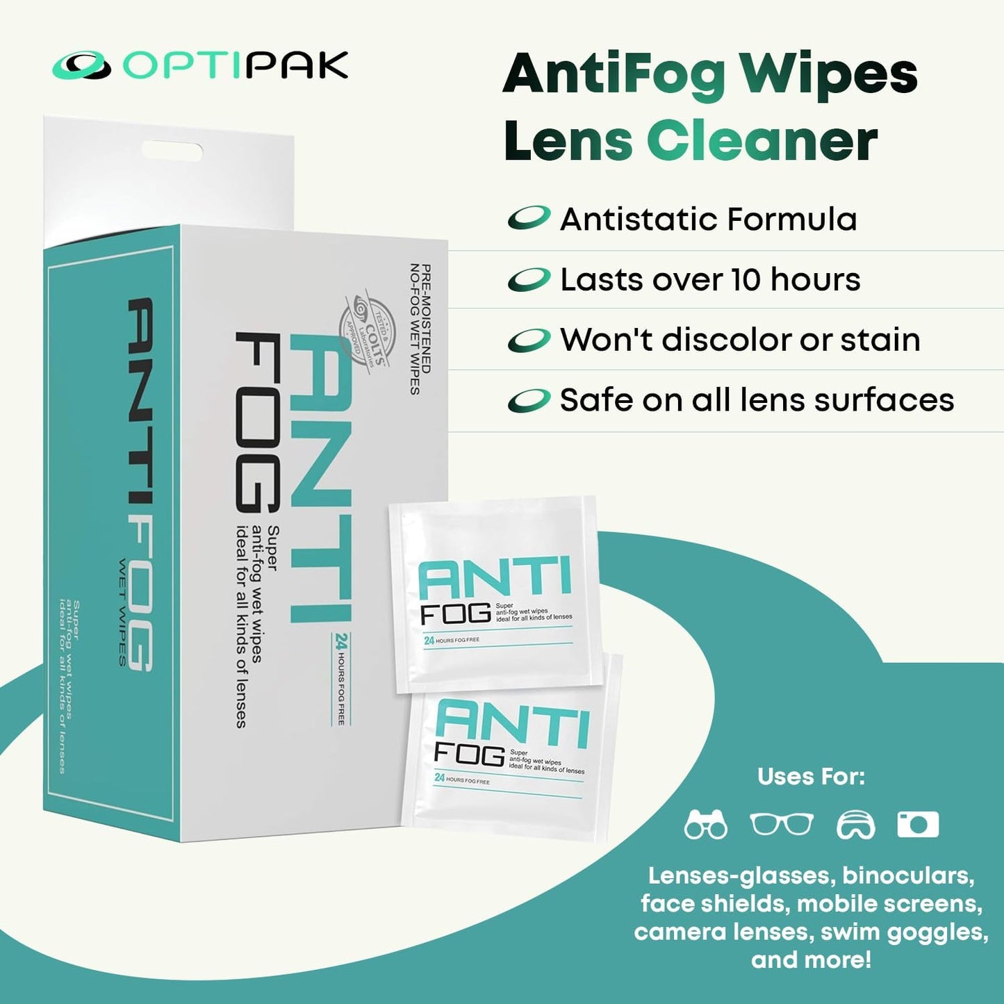 Anti Fog Wipes for Glasses, Binoculars, Face Shields, Ski Masks or Swim Goggles | Pre-Moistened Cleaning Antifog Lens Wipes for Eyeglasses and Defogger for Glasses (30 Count Pack of 2)