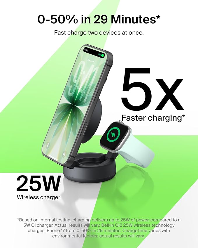 Belkin MagSafe Charger Compatible, 2-in-1 Wireless Charging Station, Qi2.2 25W Convertible Magnetic Charger for iPhone 17, Apple Watch Series 10, Google Pixel 10, and More (45W Adapter Included)