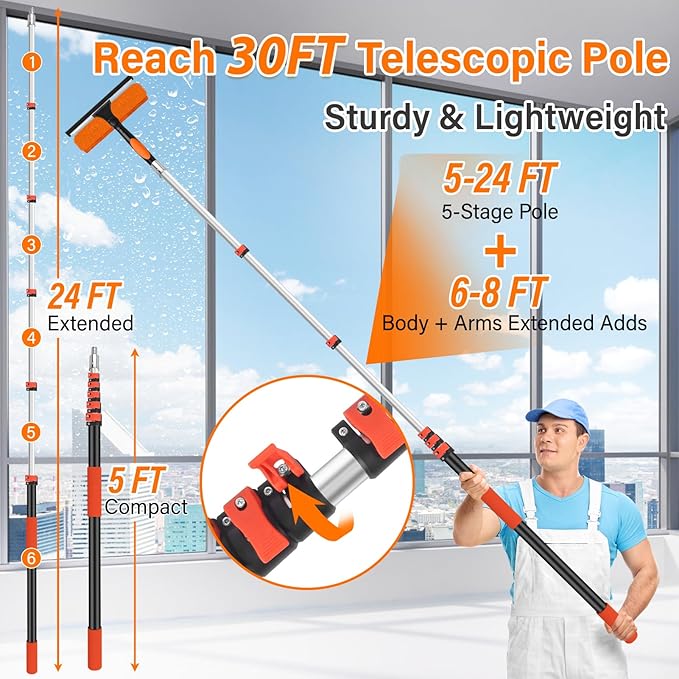 30FT High Reach Duster Cleaning Kit with 5-24 FT Extension Pole,High Ceiling Dusting and Window Cleaning Kit with Microfiber Feather Duster,Cobweb Duster,Ceiling Fan Duster,Window Squeegee Cleaner