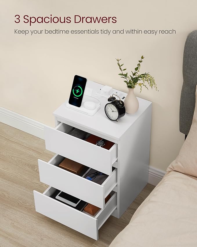 VASAGLE Nightstands with Charging Station, Set of 2, AC Outlets and USB Ports, Bedside Tables, Side Tables with 3 Drawers, Modern Style, 13.8 x 15.7 x 23.2 Inches, Cloud White ULET731W16