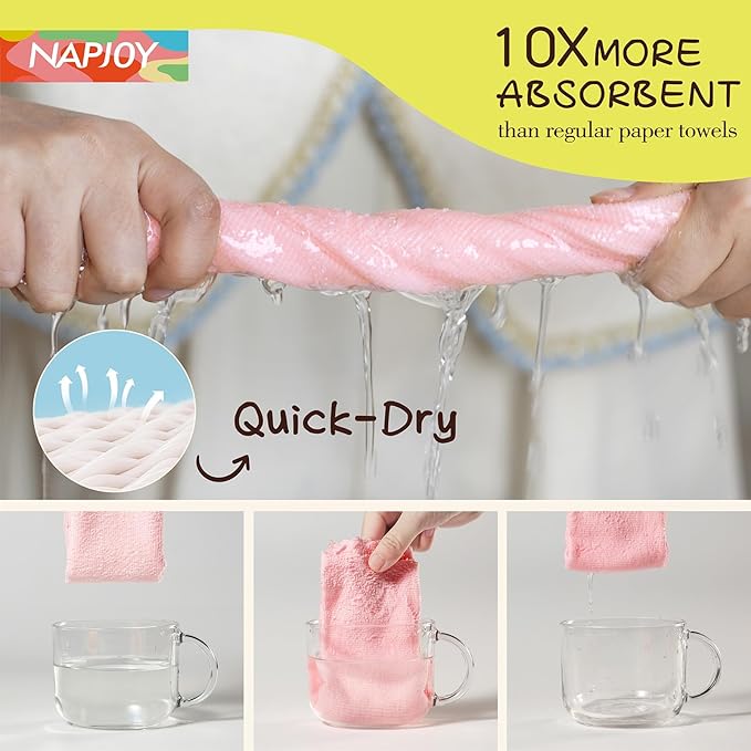 Napjoy Microfiber Cleaning Cloth Roll, 75PK Easy Tear Away Reusable Paper Towels, 12" x 12", Lint-Free and Scratch-Free with Patented Fiber Technology Microfiber Towel Roll, Pink