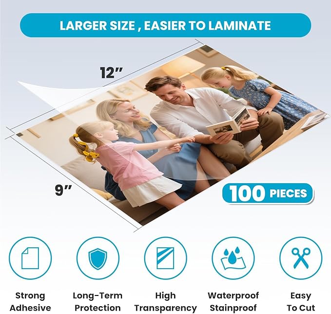 T&W SAME FILM 100 Pack Self Adhesive Laminating Sheets, Holds 8.5 x 11 Inch Laminate Paper, 9 x 12 Inch Lamination, Letter Size, Thermal Laminating Sheets, Self Sealing
