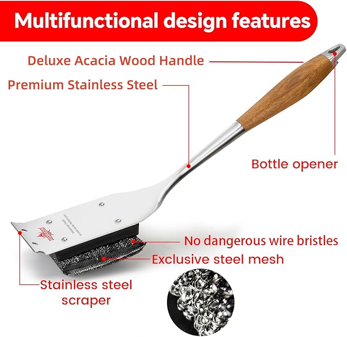 Bristle-Free Grill Brush with Replacement Head. Ultra Safe & Efficient Cleaner for Cast Iron and Stainless Steel Outdoor Grills.Gifts for Men/Dad