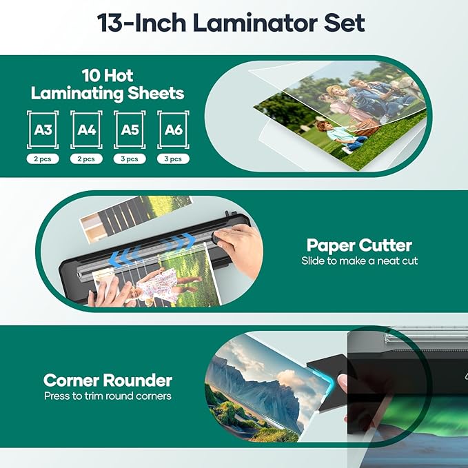 Laminator Machine 13-Inch,A3 Laminator Thermal with10 Laminating Sheets,Cold with Paper Trimmer Corner Rounder, High-Speed Jam-Free, Low-Noise Laminating Machine(Black)