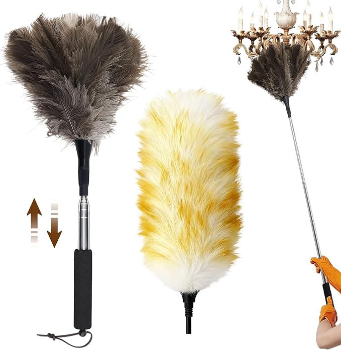 Extendable Ostrich Feather Duster with Bonus Wool Feather Duster Head - Natural Fluffy Non-Slip Handle Feathers Dusters for Cleaning Ceiling Fans, Blinds, Roof Dusting, High Surfaces (18-48 in)