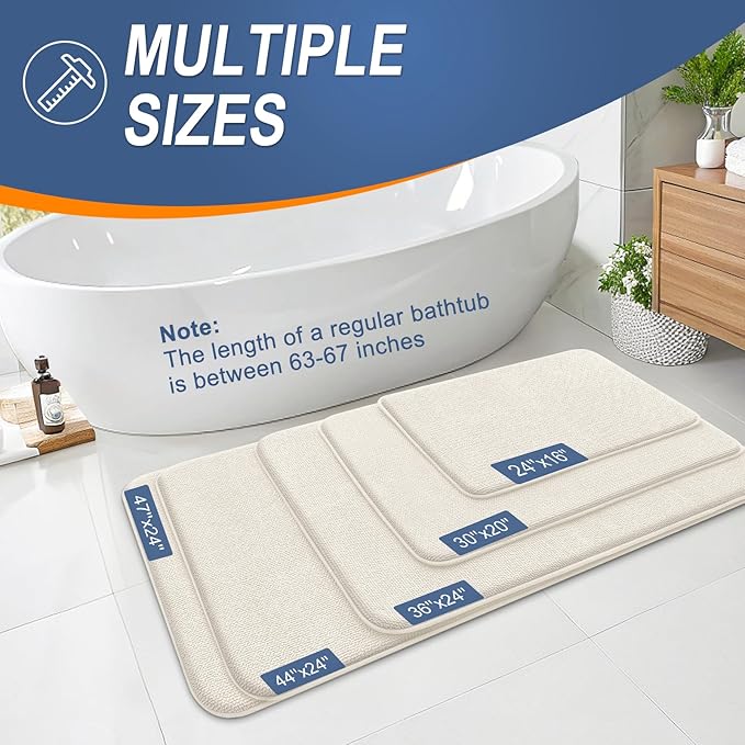 OLANLY Thick Memory Foam Bath Mat Rug 70x24, Extra Soft Absorbent Bathroom Rug, Quick Dry Bath Mats, Non-Slip, Machine Washable Carpet for Bathroom, Tub and Shower, Home Decor Accessories, Ivory