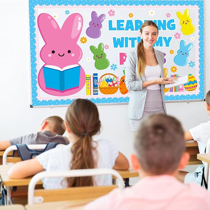Easter Learning Bulletin Board Decoration Set, Spring Peeps Classroom Decorations Easter Bunny Eggs Book Rainbow Cutouts March April Library School Home Nursery Wall Window Door Decor for Teacher