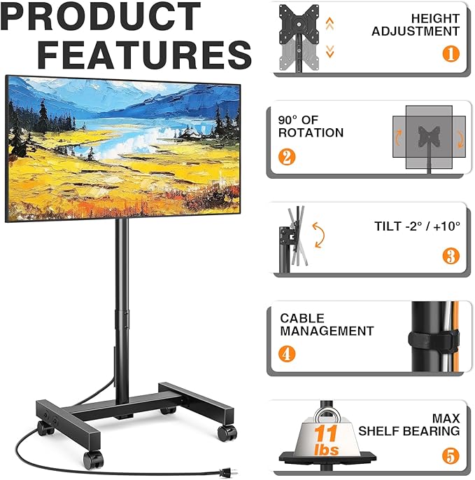 TVON Floor TV Stand with Power Outlet for 13-50 inch TVs up to 55 lbs, Height Adjustable TV Mount Stand with Tilt and Rotat, Max VESA 200x200mm