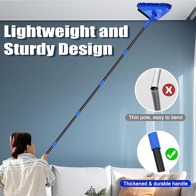 Wall Mop Cleaner Long Handle 80 inches, 180° Folding Ceiling Washer Scrubber and Squeegee, Triangle Baseboard Cleaning Tool Duster with 6 Microfiber Chenille Pads for Painted Walls Window Floor