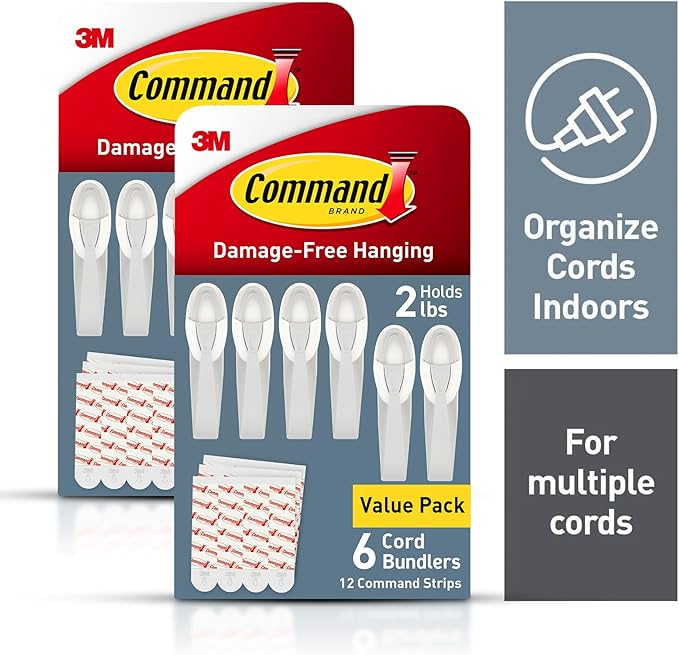 Command Cord Bundlers, Damage-Free Hanging Cord Organizer, No Tools Required for Hanging Electrical Cables, 12 Gray Bundlers and 24 Command Strips