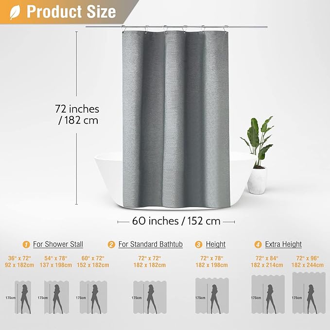 BTTN 60 Inch Fabric Shower Curtain, Stall Linen Textured Waterproof Heavy Duty Cloth Shower Curtain Set with 10 Plastic Hooks, Narrow Hotel Luxury Washable Bath Curtains for Bathroom, 60x72, Gray/Grey