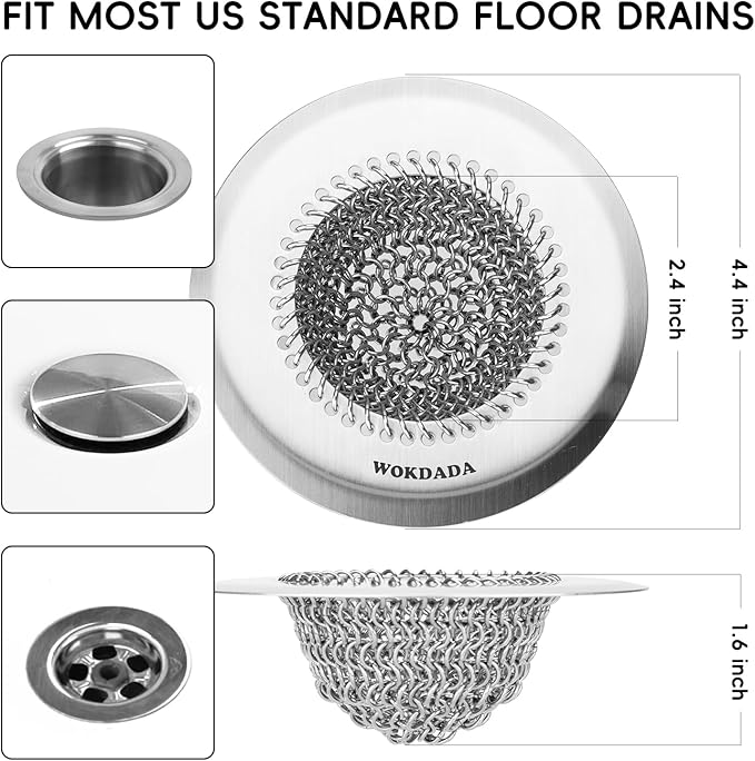 Bathtub Drain Hair Catcher, Wokdada Fast Drainage Shower Drain Hair Catcher, Reversible 304 Stainless Steel Drain Protector with Silicone Stopper for Bathroom