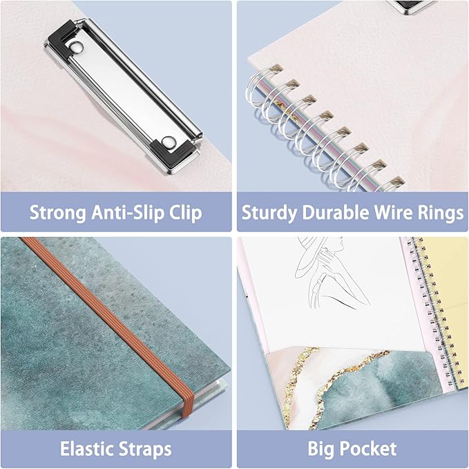 Rimilak Spiral Clipboard Folio with Refillable Lined Notepad, 14.5 x 9.8 In, Hardcover Cover with 5 Interior Pockets, Elastic Band and Pen Loop Series. Cute Stylish Clipfolio, Pink Gold Marble