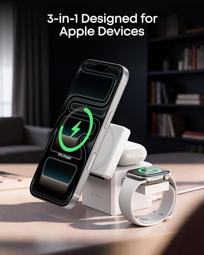 Anker 3-in-1 Cube with Qi2, MagSafe-Compatible Charger, iPhone 17 Wireless Charger, 15W Foldable Fast Charging Stand, for iPhone 17/16 / 15/14, Apple Watch, AirPods (40W USB-C Charger Included)