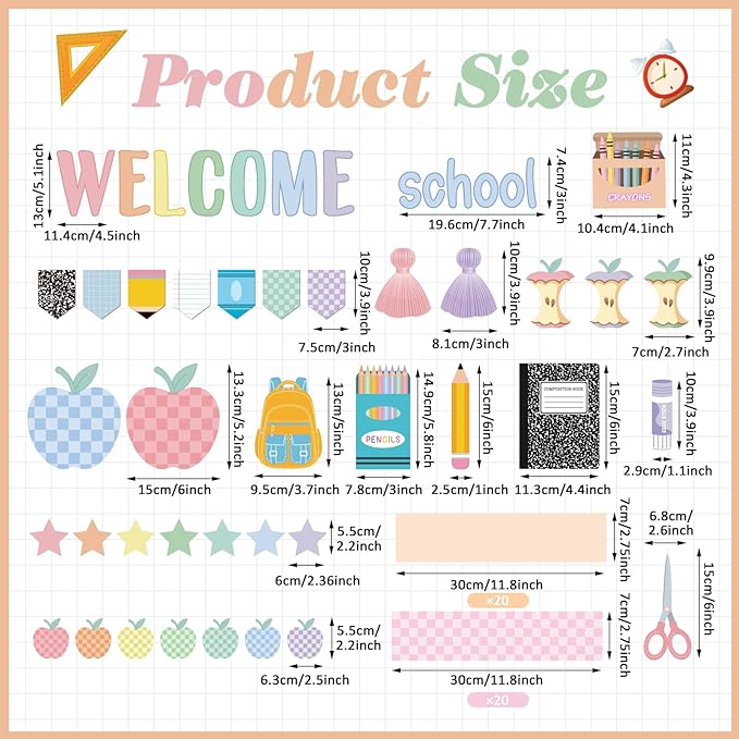 94 Pcs Composition Notebook Classroom Decor Welcome Back to School Bulletin Board Set Checkered Classroom Decor Pencil Apple Paper Cutouts for First Day of School Party Wall Door(Pastel)