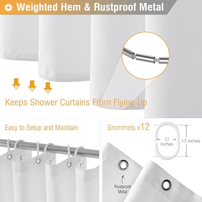 BTTN Long Fabric Shower Curtain - 78 Inches Linen Textured Heavy Duty Hotel Luxury Cloth Shower Curtain Set with 12 Plastic Hooks, Polyester Waterproof Spa Shower Curtains for Bathroom(72"x78", White)