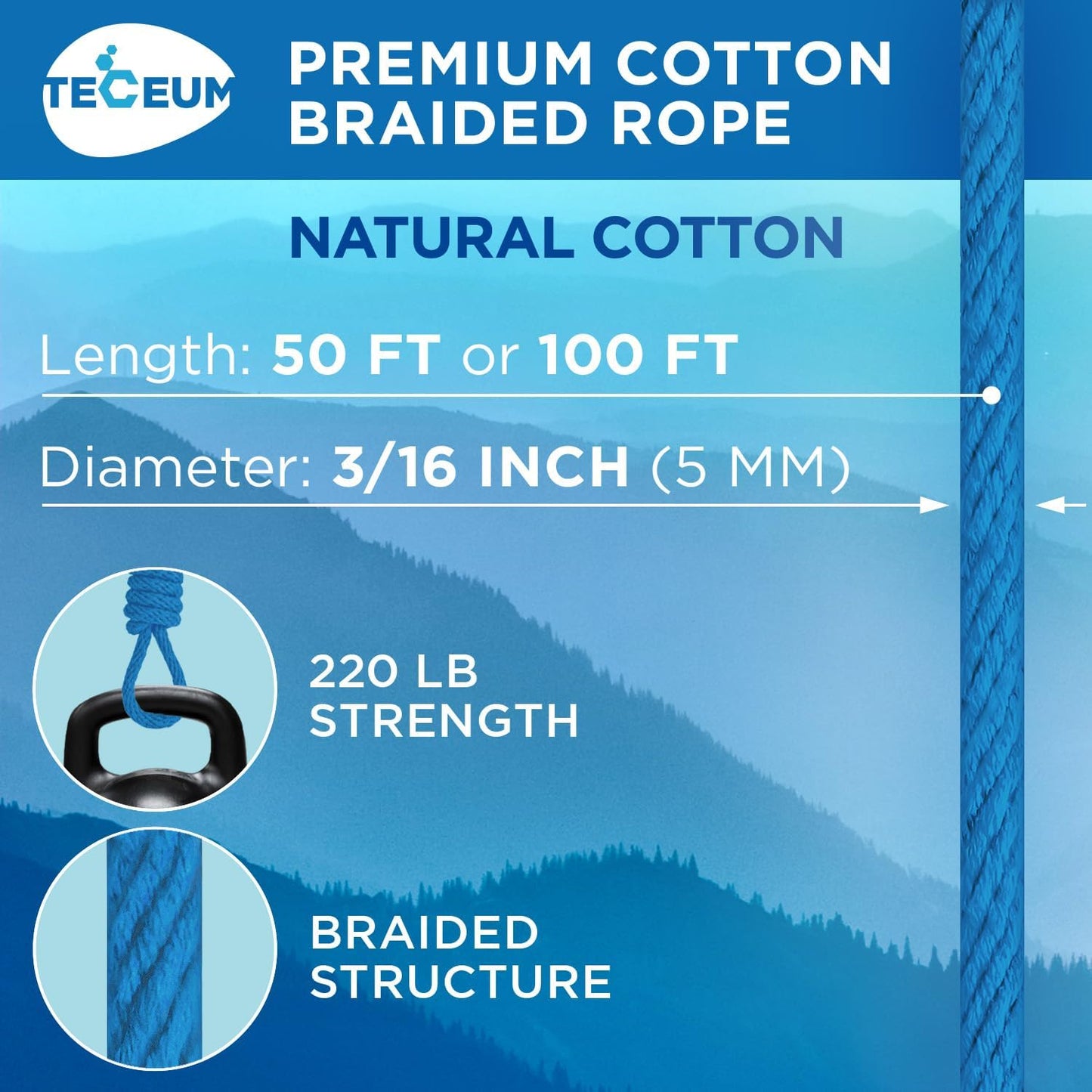TECEUM Cotton Rope 3/16” (5 mm) – 50 FT – Strong All-Purpose Braided Rope – Natural Cotton – for Crafting, Сamping, Clothes Line, DIY, Indoor & Outdoor Use – Sky Blue