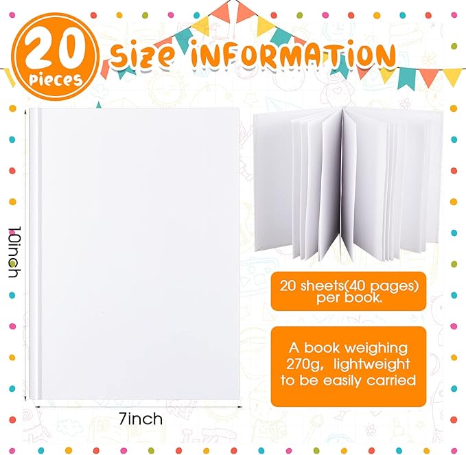 Henoyso Hardcover Blank Books for Kids to Write Stories Make Your Own Book Craft Unlined Notebook for Student Classroom DIY Drawing and Writing 40 Pages SketchBook for Kids Gift(20 Pack,7 x 10 Inch)