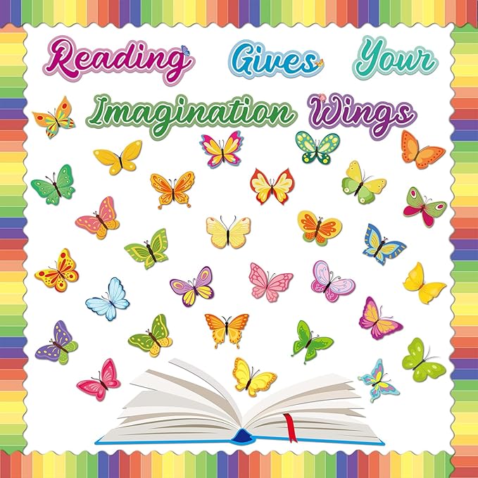 Reading Bulletin Board Decorations Set Classroom Spring Butterfly Bulletin Board Borders Cutouts Decor Reading Gives Your Imagination Wings School Bulletins Boards Craft Home Wall(Read)