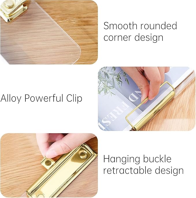 Honagu Acrylic Clear Clipboards, 8.5x11 Plastic Clipboard with Gold Strong Clip Hidden Hanging Hole, A4 Letter Size Clipboards for Nurses Doctors, Art Student, Teachers,School & Office Supplies, 3PC