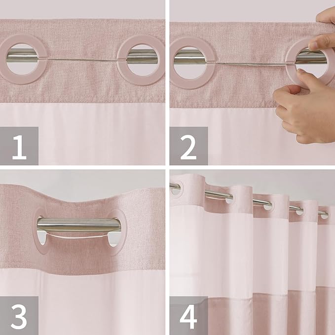 No Hooks Needed Linen Textured Shower Curtain with Snap-in Fabric Liner Set,Blush Hotel Luxury Decor Shower Curtains for Bathroom with Mesh Top Window,Waterproof & Washable,71Wx74H