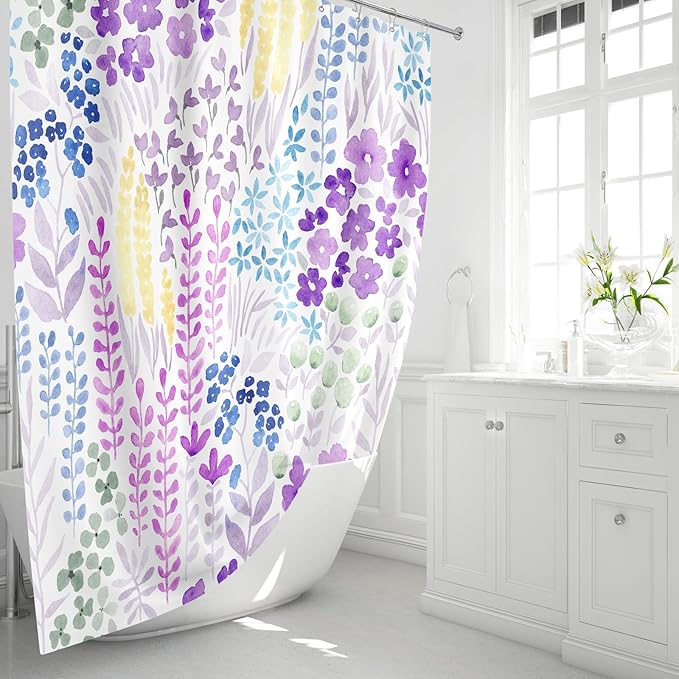 Lavender Purple Floral Shower Curtain 60x72, Colorful Boho Flower Fabric Shower Curtain, Cute Funky Watercolor Wildflower Shower Curtain Set, Cottagecore Bohemian Bathroom Decor