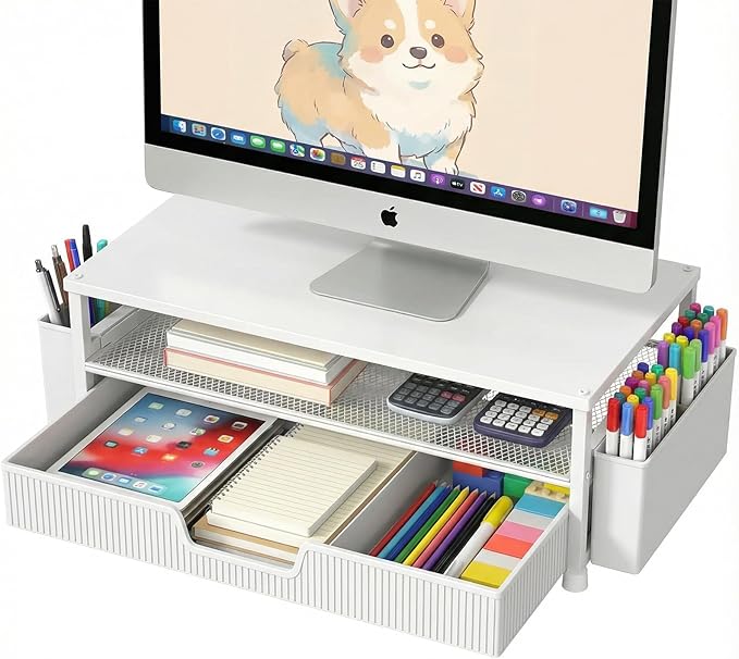 Desk Organizer and Accessories, 2-Tier Computer Monitor Stand Rise with Storage Drawer & 2 Pen Holders, Laptop & Printer Stand for Desktop, Workspace Organizers for Office Supplies (White)
