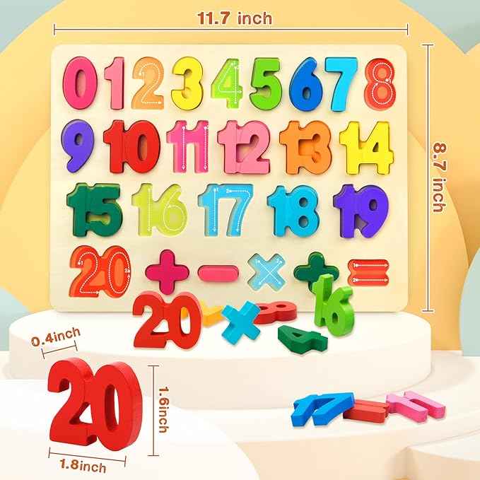 Attmu Number Puzzle Wooden Puzzles for Toddlers Toy, Shape Learning Toys with Puzzle Board & Number Blocks, Preschool Educational Toys Gifts for Girls Boys