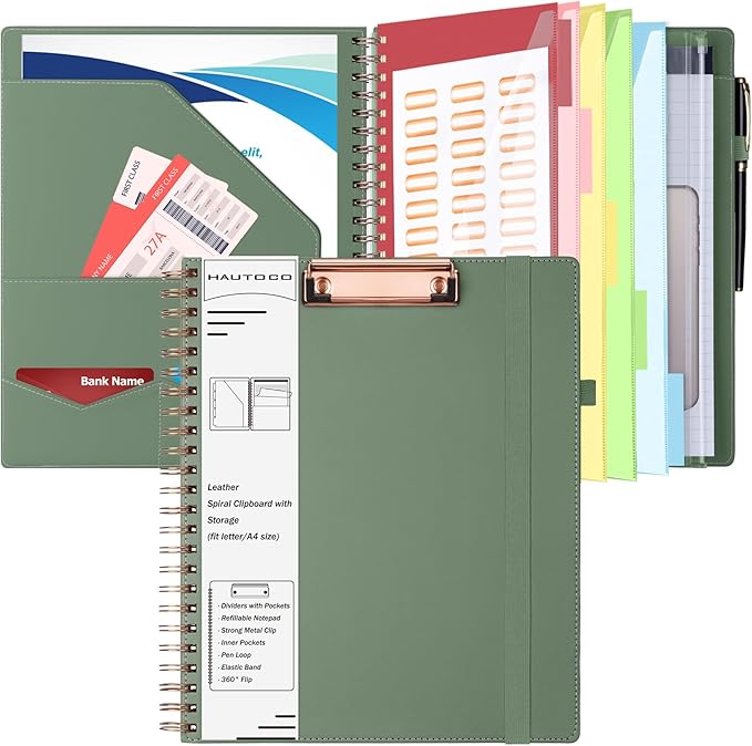 HAUTOCO Spiral Leather Clipboard Folio with Notepad (8.5 x 11''), 5 Folders with 10 Pockets, Storage Zipper Pouch, Pen Loop, 39 Stickers, Padfolio Organizer for Work School, Olive Green