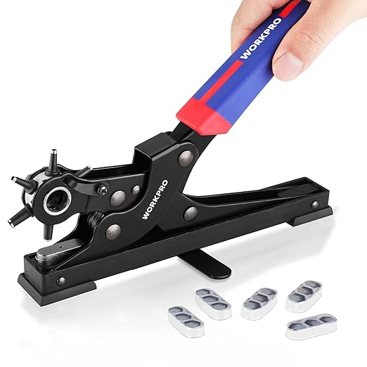 WORKPRO Desktop Leather Hole Punch Set, Rotary Belt Hole Puncher, 6 Punch Sizes, Heavy Duty Leather Hole Punch Tool for Belts, Dog Collars, Watch Band, Saddles, Shoes, Home DIY