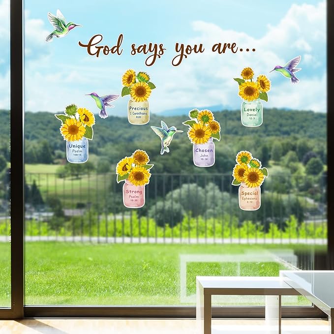 Outus 28 Pcs Sunflower Bulletin Board Set Spring Religious Bulletin Board Decorations Inspired Christian Flower Cutouts Hummingbird God Says You are Wall Art for School Classroom Teacher Kids