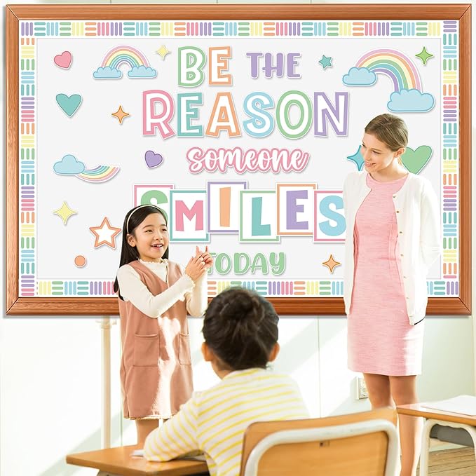 Pastel Classroom Bulletin Board Decoration Set Welcome Borders Cutouts Rainbow Decor for Door Welcome Bulletin Board Kindergarten Preschool School Craft Home Wall(Be The Reason Someone Smile Today)