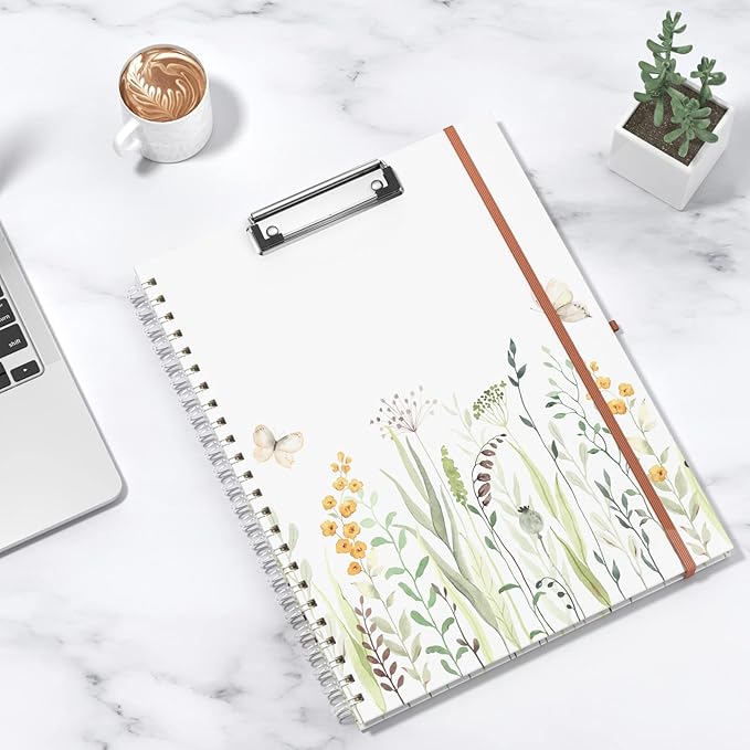 Rimilak Spiral Clipboard Folio with Refillable Lined Notepad, 14.5 x 9.8 In, Hardcover Cover with 5 Interior Pockets, Elastic Band and Pen Loop Series. Cute Stylish Clipfolio, Butterfly Flower
