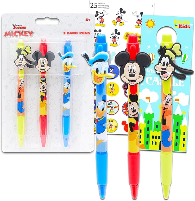 Disney Mickey Mouse Pen Set - 3 Pc Mickey, Donald, Goofy Ballpoint Pens Gift Bundle for Kids Plus Stickers, More | Mickey and Friends School Supplies, Office Supplies